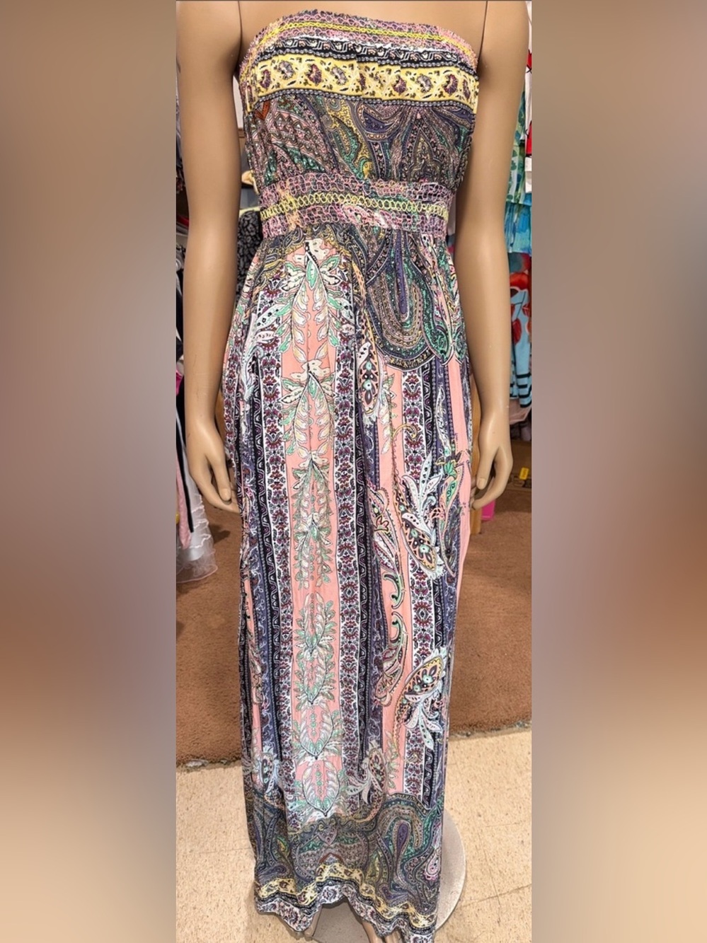 Bohemian Strapless Maxi Dress in Pink Paisley
